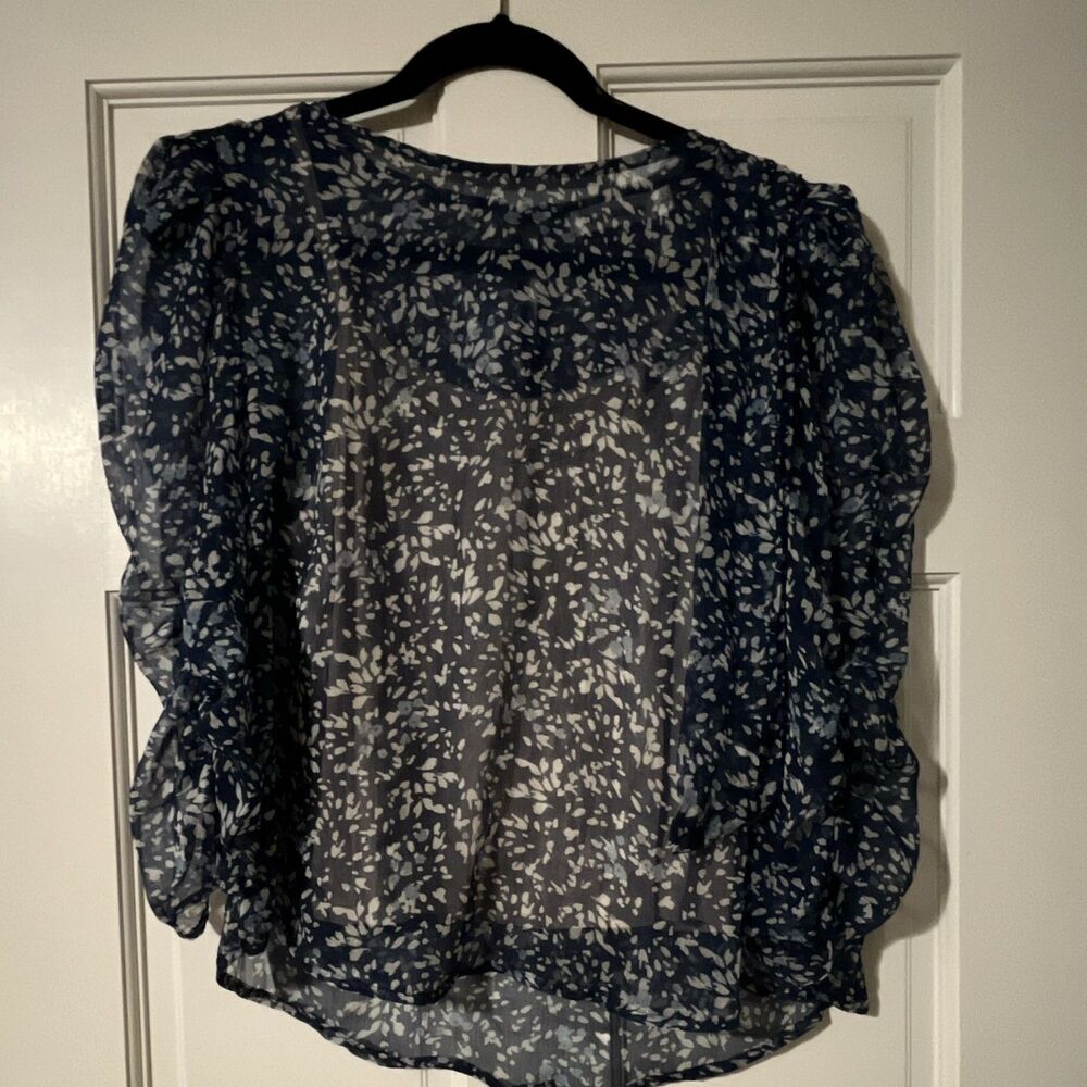 Trendmates Women’s Blue/White Floral Sheer Chiffon Ruffle Blouse L